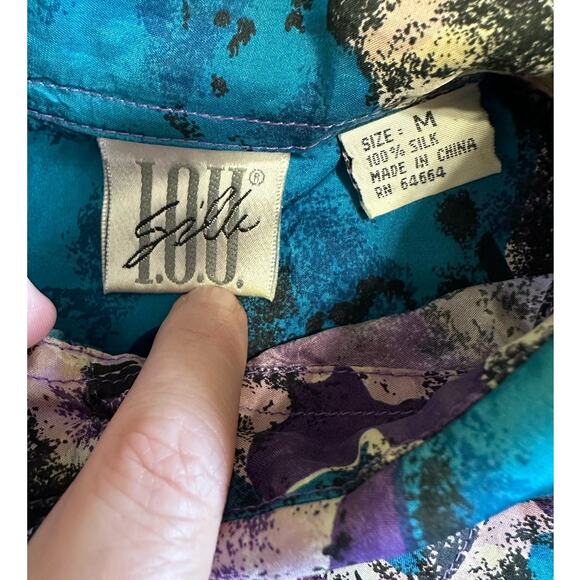 I.O.U Silk Blue and Purple Abstract Print Long Sleeve Silk Button Down, Size M - Picture 3 of 5